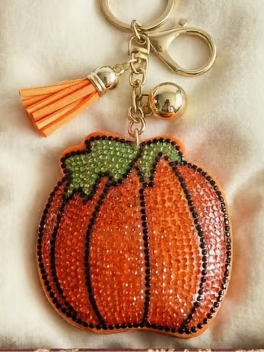 Sparkling Pumpkin Bag or Key Charm in Orange with Green Leaf Accent